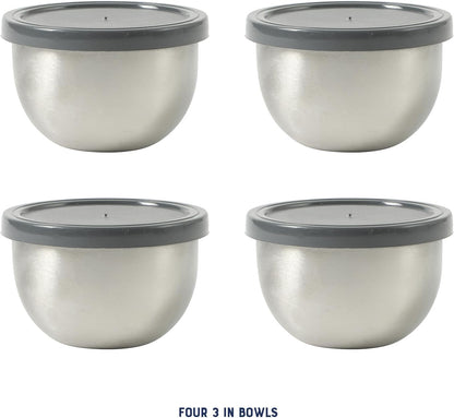 Oster Kempsville 4-Piece Stainless Steel Mini Bowls with Gray Lids – 3 Inch Prep and Storage Containers, Snack and Dipping Bowls