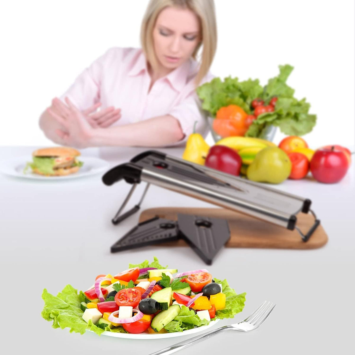 V Blade Stainless Steel Mandoline Slicer - Fruit and Food Slicer, Vegetable Cutter, Cheese Grater - Vegetable Julienne Slicer with Surgical Grade Stainless Steel Blades - Includes 6 Different Inserts