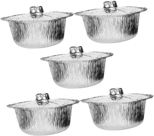 Toyvian 5pcs round Tin Foil Food Pans with Lids 4000ml Aluminum Foil Containers Multi-use Grill and Baking Pots for Bbq Cooking and Meal Prep