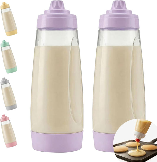 2PCS Pancake Batter Dispenser & Mixer Bottles, 1000ml Leak-Proof Silicone Squeeze Bottle, BPA Free & Dishwasher Safe for Pancakes, Waffles, Muffins, Crepes & Cupcakes (purple)
