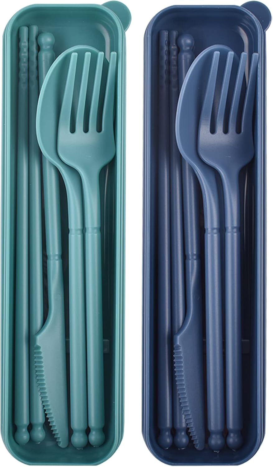 Reusable Utensils Set with Case, Plastic Travel Utensils, 1 Sets Plastic Spoons and Forks Set for Lunch Box, Picnic, Travel, Camping (Blue)