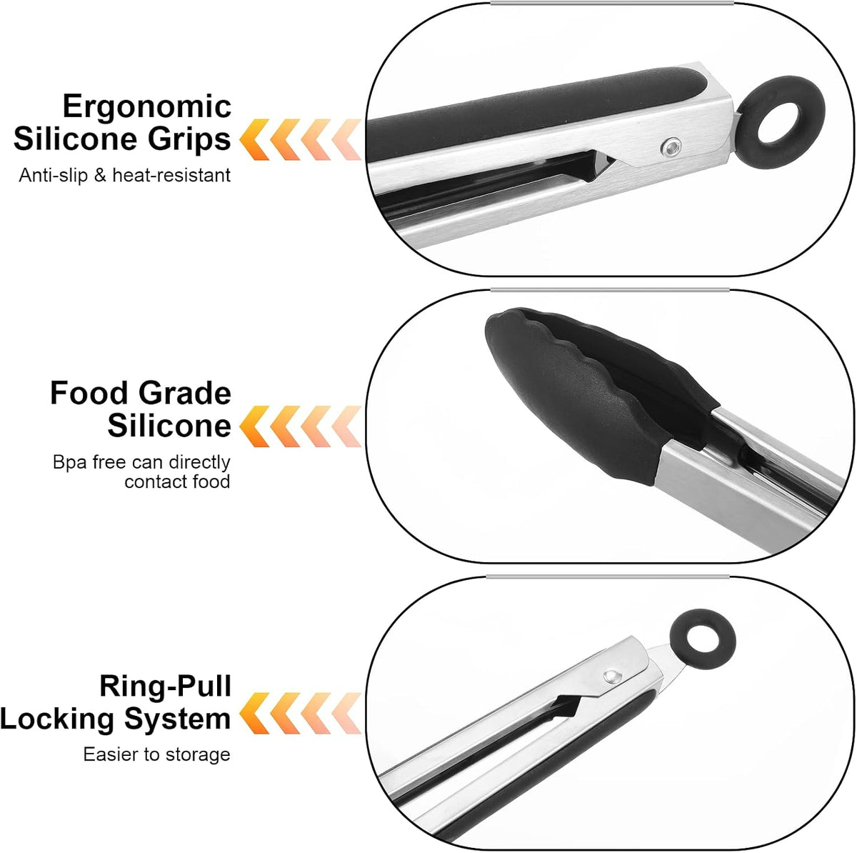 12 Pcs Tongs Set Multiple Sizes 7,9,12 Inches, Rubber Tipped Tongs Stainless Steel & Silicone Heat Resistant for Cooking, Grill, Salad, BBQ, Serving (Black & Silver)