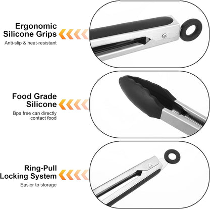 12 Pcs Tongs Set Multiple Sizes 7,9,12 Inches, Rubber Tipped Tongs Stainless Steel & Silicone Heat Resistant for Cooking, Grill, Salad, BBQ, Serving (Black & Silver)