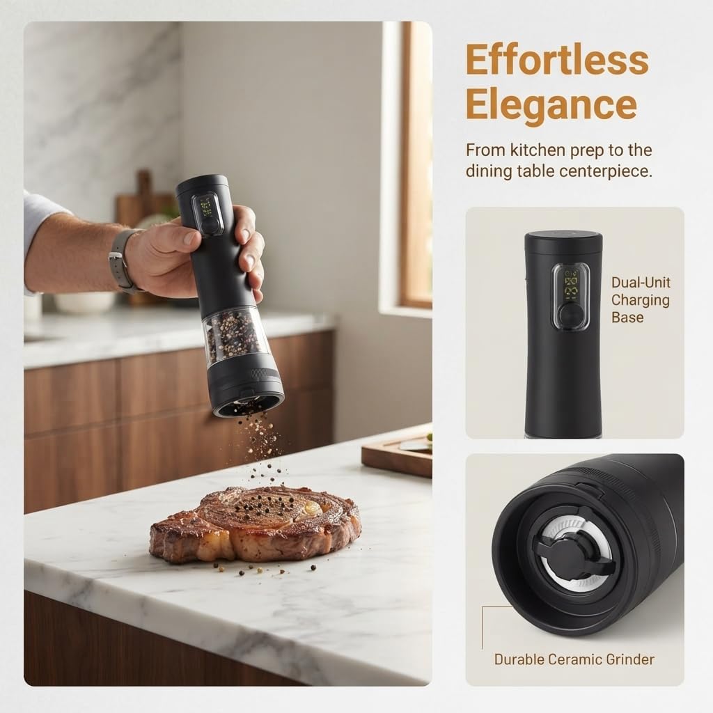2 IN 1 Electric Salt and Pepper Grinder Set,Rechargeable (Black)