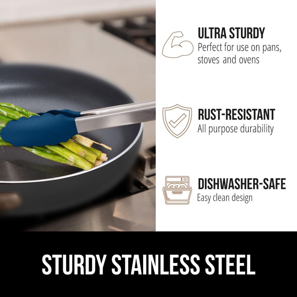 GORILLA GRIP Stainless Steel Heat Resistant Kitchen Tongs for Cooking, Set of 2 BBQ Tong, Non Scratch Silicone Tip for Pans, Strong Grip, Grab Food, Toss Salad, Air Fryer, Pull Lock, 7 + 9 Inch, Black