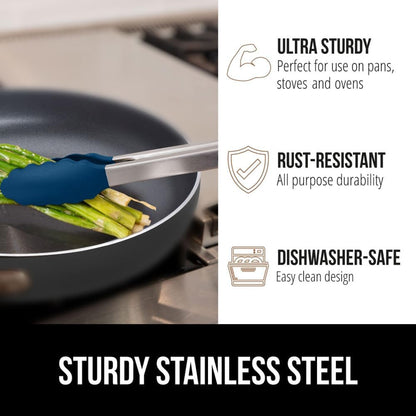 GORILLA GRIP Stainless Steel Heat Resistant Kitchen Tongs for Cooking, Set of 2 BBQ Tong, Non Scratch Silicone Tip for Pans, Strong Grip, Grab Food, Toss Salad, Air Fryer, Pull Lock, 7 + 9 Inch, Black
