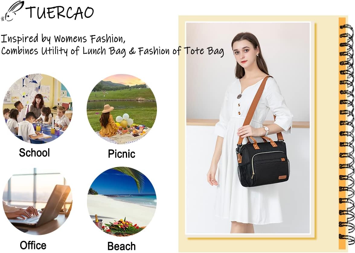 TuErCao Small Lunch Bag Lightweight Insulated Lunch Box for Women Work Portable Soft Cooler for Picnic Travel Road Trips, Loncheras para Mujer, Black