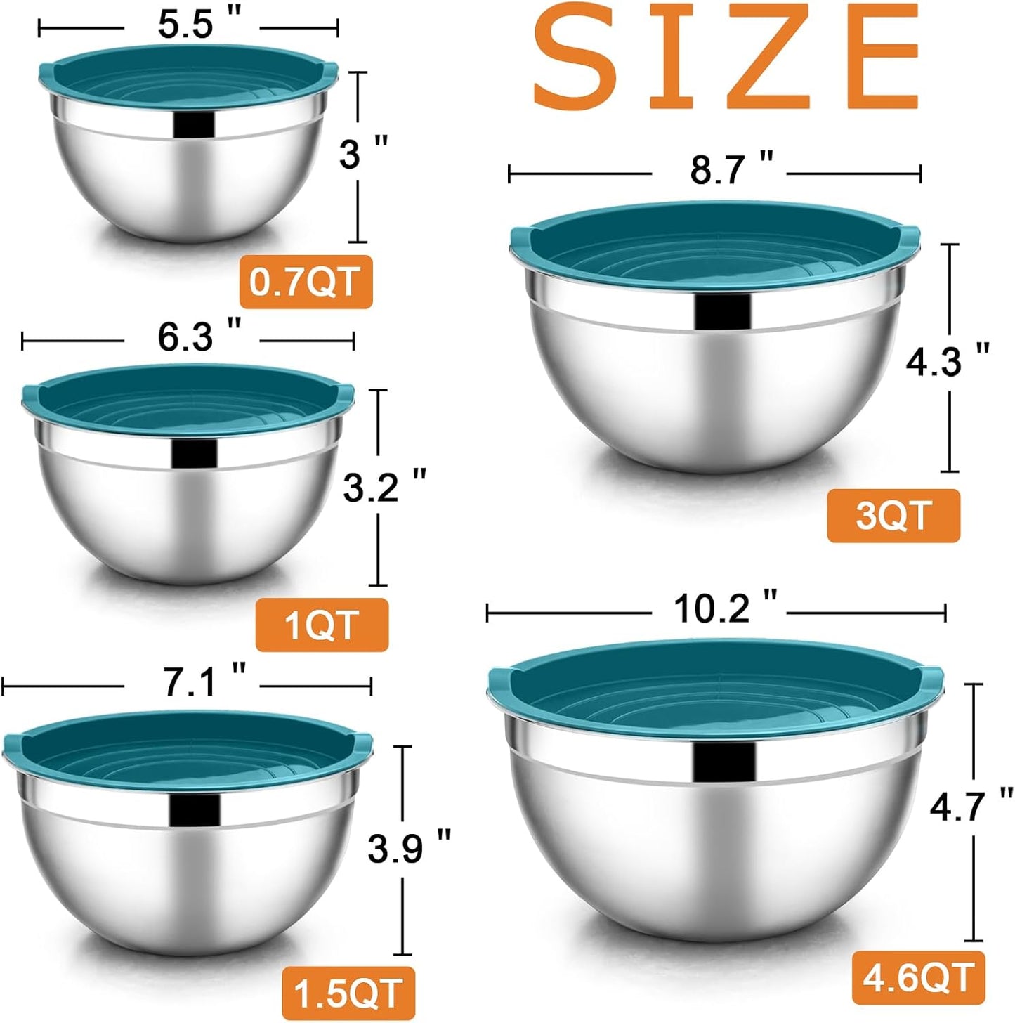 E-far Mixing Bowls with Lids Set of 5, Stainless Steel Mixing Bowls Metal Nesting Bowls with Airtight Lids, Non-toxic & Dishwasher Safe, Great for Cooking, Baking, Serving - Size 0.7/1/1.5/3/4.6QT