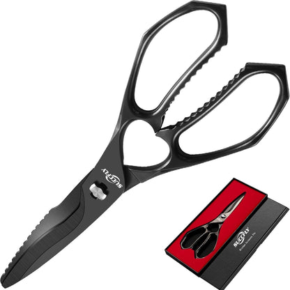SUCCFLY Kitchen Scissors for Food，Premium Kitchen Shears Heavy Duty，8.8″Ultra Sharp Meat Scissors Detachable Blade，All Steel Poultry Shears Black Titanium Plated，Anti-Slip Cooking Scissor All Purpose