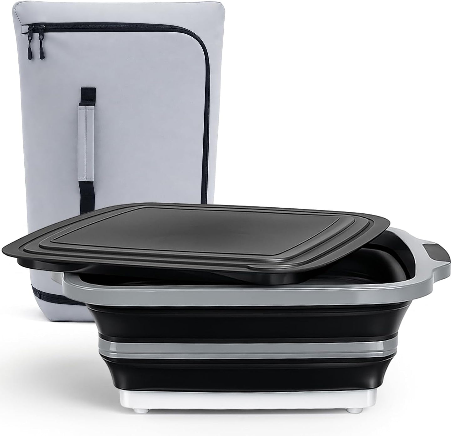 Funnymoom 2pcs Barbecue Prep Set Include Collapsible BBQ Prep Tub with Lid and Cutting Board(4.22 Gal/16l) BBQ Blanket for Resting Meat(21inch) Smoker Blanket Insulated(Black,Classic Style)