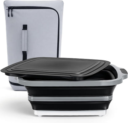 Funnymoom 2pcs Barbecue Prep Set Include Collapsible BBQ Prep Tub with Lid and Cutting Board(4.22 Gal/16l) BBQ Blanket for Resting Meat(21inch) Smoker Blanket Insulated(Black,Classic Style)