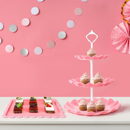 5 Pcs Dessert Stand Set, 2X Small 3 Tiers White Plastic Cupcake Stand Holder & 3X Rectangle Party Serving Trays/Platters for Wedding Birthday Baby Shower Tea Party Buffet (Pink)