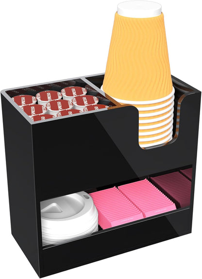 Coffee Condiment and Cup Organizer - 2-Tier Upright Cup and Lid Holder with Straw Organizer 2 Compartments Clear Acrylic Cup Dispenser for Restaurant Breakroom Coffee Station Countertop
