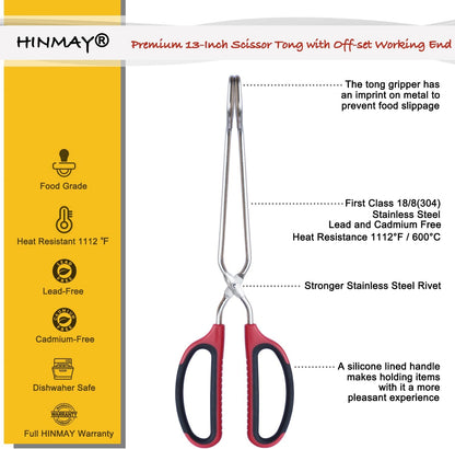 HINMAY Stainless Steel Scissor Tongs 11-Inch and 13-Inch Set, Set of 2
