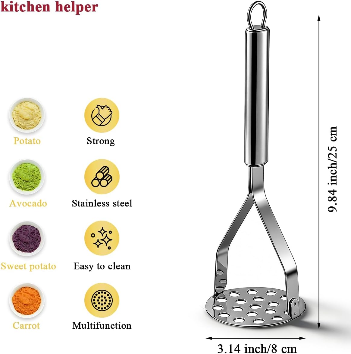 Homquen Stainless Steel Potato Masher, Sturdy Mashed Potato Masher, Potato Ricer, Masher Kitchen Tools for Vegetables&Fruit, Dishwasher Safe (9.84inch)