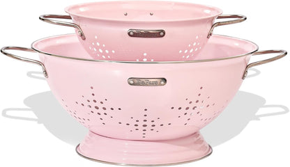Metal Colander 2 Pack, Strainer Bowel with Handles 2Qt & 6Qt Powder Coated Solid Ring Base Heavey Duty Kitchen Drainer Basket for Pasta Veggies and Fruits,New Home Apartment Essentials (Almond Cream)