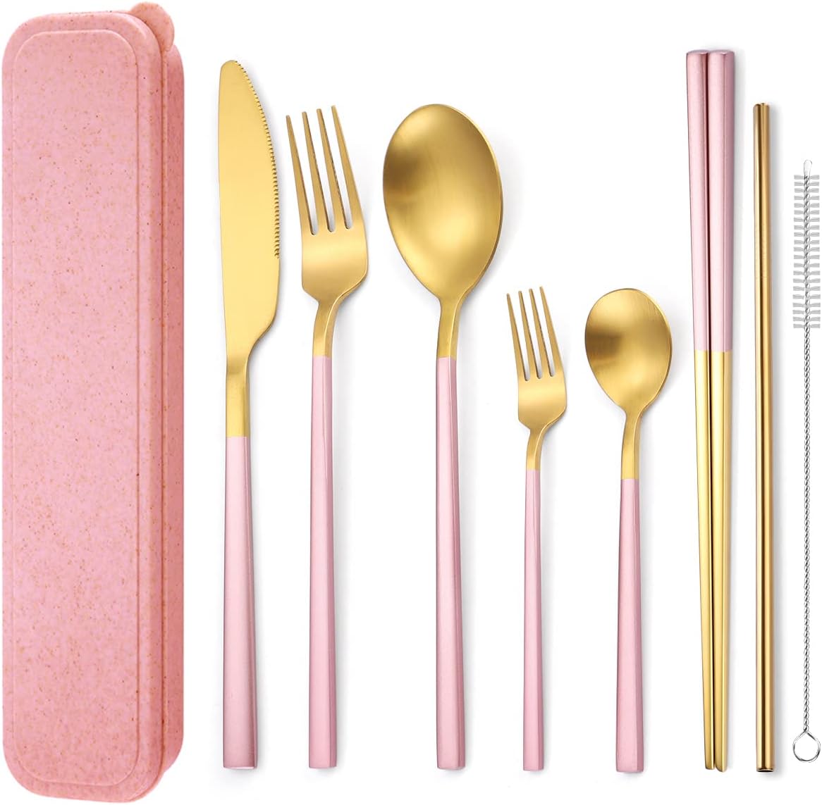 AARAINBOW 6 Pieces 18/8 Stainless Steel Flatware Set Portable Reusable Cutlery Set Travel Utensils Set Including Chopsticks Knife Fork Spoon Straws Cleaning Brush Dishwasher Safe (Green golden)