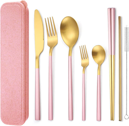 AARAINBOW 6 Pieces 18/8 Stainless Steel Flatware Set Portable Reusable Cutlery Set Travel Utensils Set Including Chopsticks Knife Fork Spoon Straws Cleaning Brush Dishwasher Safe (Green golden)
