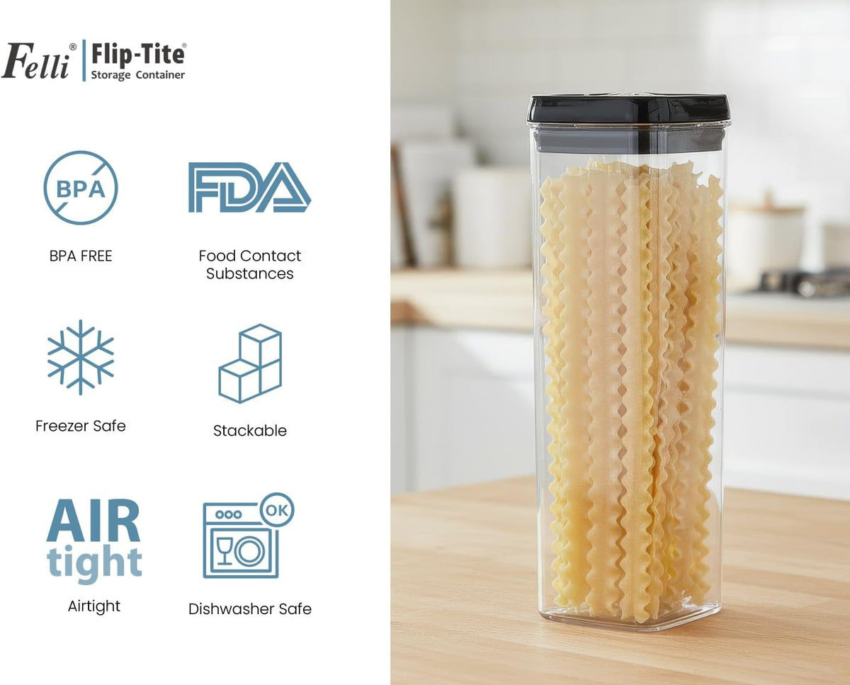 Felli Flip Tite Storage Container with Lid 4” RECTANGULAR Airtight Ring Flip Top, Stackable Kitchen Counter Pantry Organizer Acrylic Canister Jar for Pasta Spaghetti Cereal Granola Coffee (1.9qt)