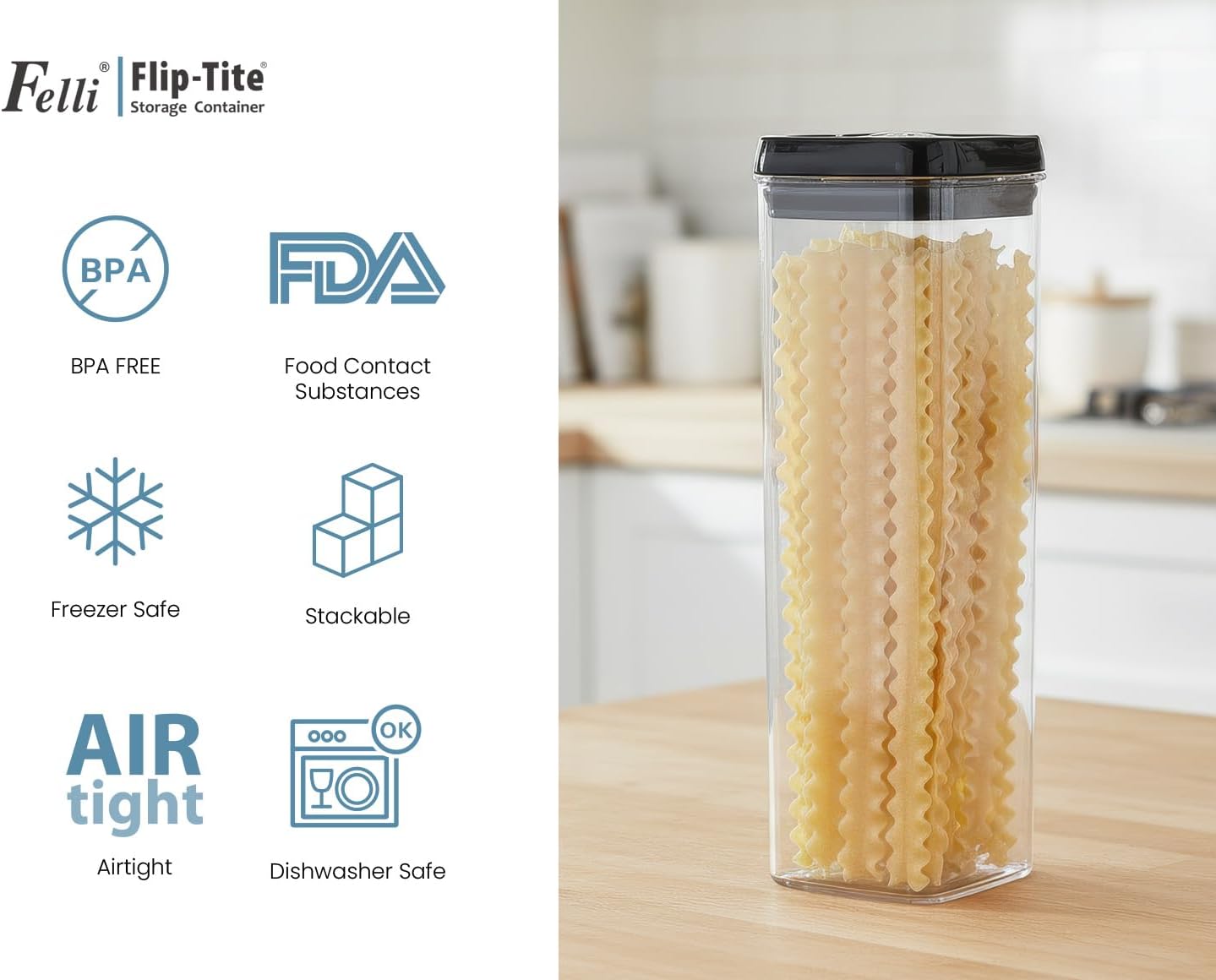 Felli Flip Tite Acrylic Food Storage Container with Lid 6” XL Air Tight Ring Seal Flip Top, Plastic Kitchen Baking Canister for 5 lb Flour Sugar Rice Protein Powder Pantry Organizer (Nest-M, White)