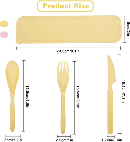 2 Sets Reusable Utensil Set with Case, Portable Camping Fork Knife Spoon Set, Wheat Straw Travel Utensils for Lunch Box, for School Work Lunch or Daily Use (Green, Blue)