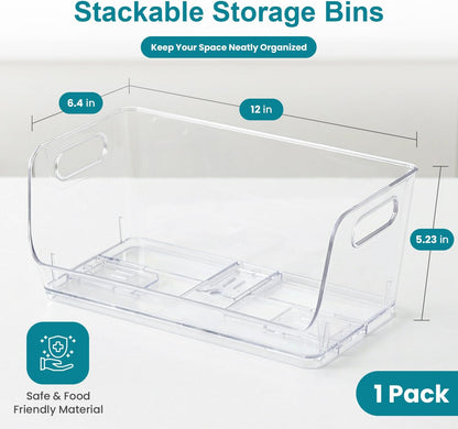 Basicwise 9-Inch Open-Front Clear Storage Bin with Easy-Grip Handle Stackable Transparent Plastic Organizer Container for Pantry Cabinet Refrigerator Drawers Closets and Shelf Organization, Medium