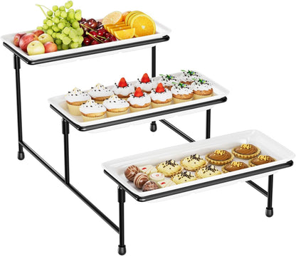 3 Tier Servings Tray for Party, 12"x6" Tiered Serving Platters with Steel Display Stand for Sevring Food,Cookies,Veggie, Dessert,Fruit, Black