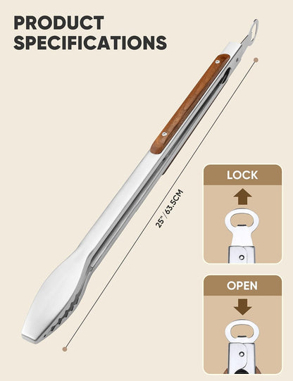 25-Inch Extra Long Grill Tongs, Stainless Steel Metal BBQ Tongs