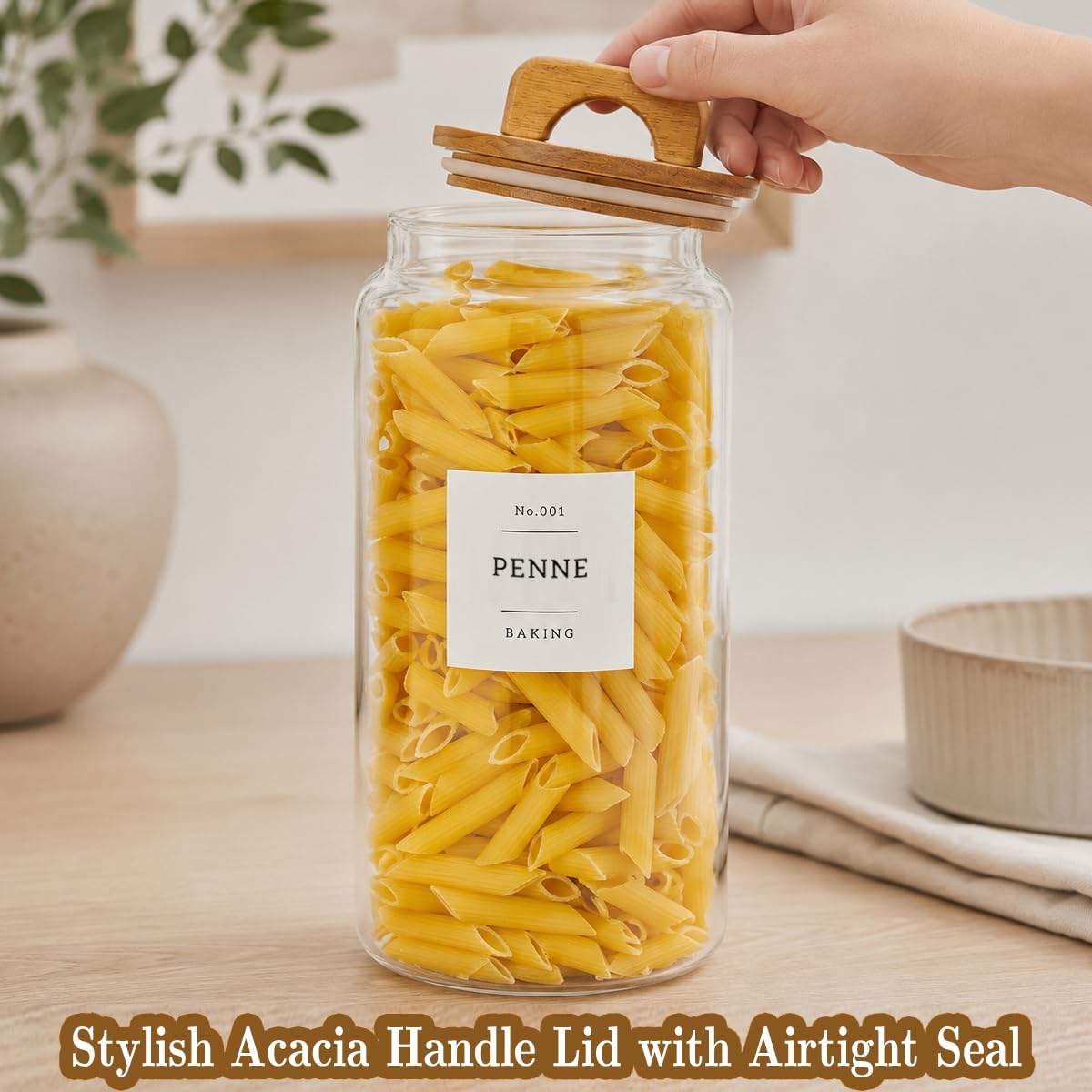 2 Pack Large Glass Flour and Sugar Containers with 132 Pantry Labels - 64 FL OZ Glass Canisters with Bamboo Airtight Lids - Farmhouse Glass Cookie Jars for Rice, Pasta, Cereal, Bath Salt