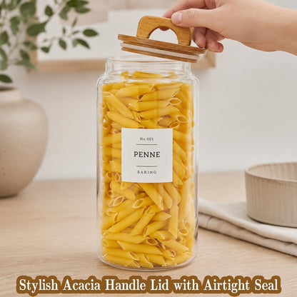 2 Pack Large Glass Flour and Sugar Containers with 132 Pantry Labels - 64 FL OZ Glass Canisters with Bamboo Airtight Lids - Farmhouse Glass Cookie Jars for Rice, Pasta, Cereal, Bath Salt