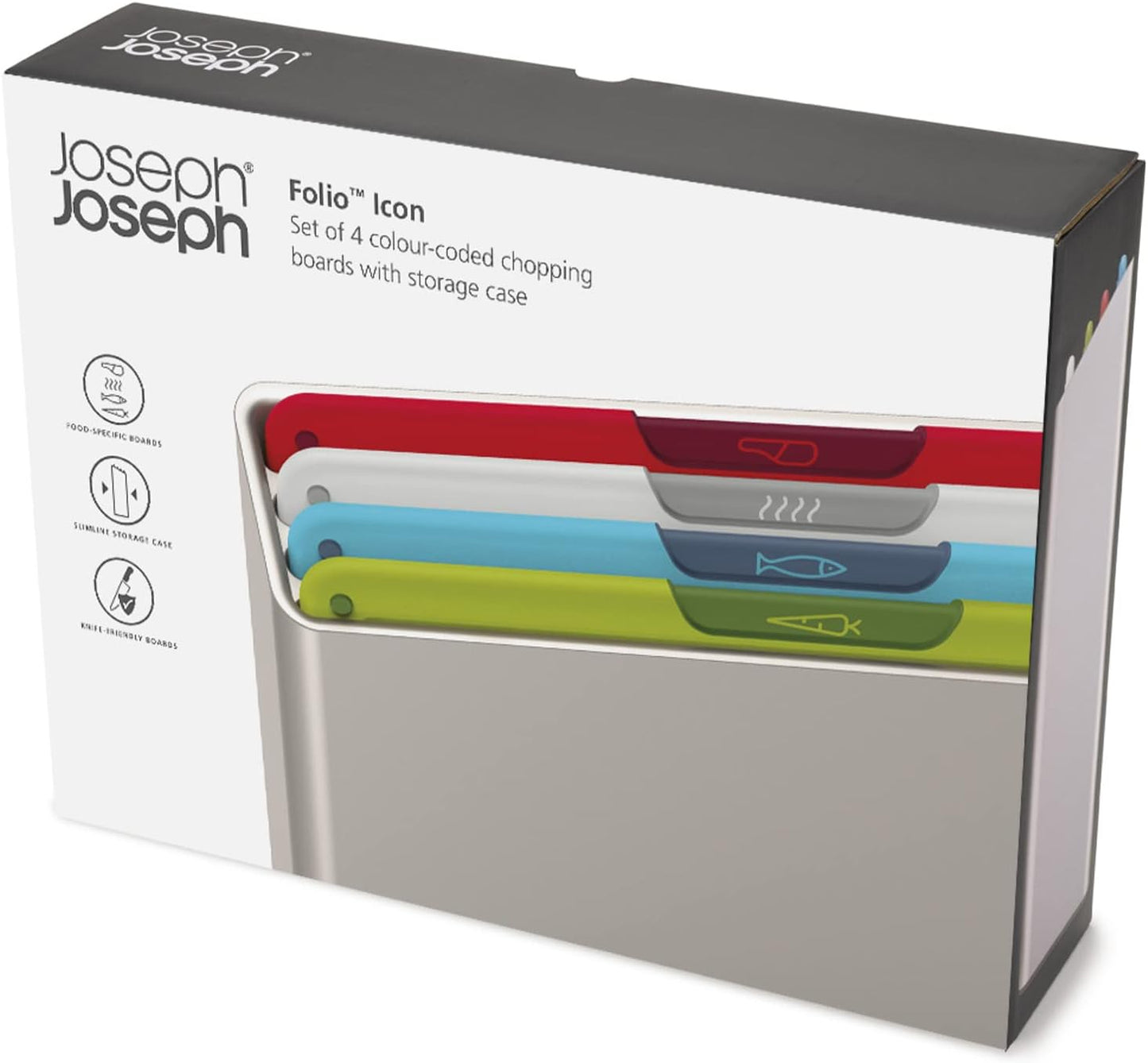 Joseph Joseph Folio Icon 4-Piece Multi Colour coded Cutting Board Set, Stainless Steel Slimline case for organized Kitchen storage, Silver