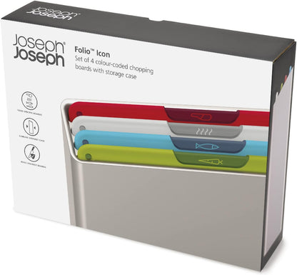 Joseph Joseph Folio Icon 4-Piece Multi Colour coded Cutting Board Set, Stainless Steel Slimline case for organized Kitchen storage, Silver