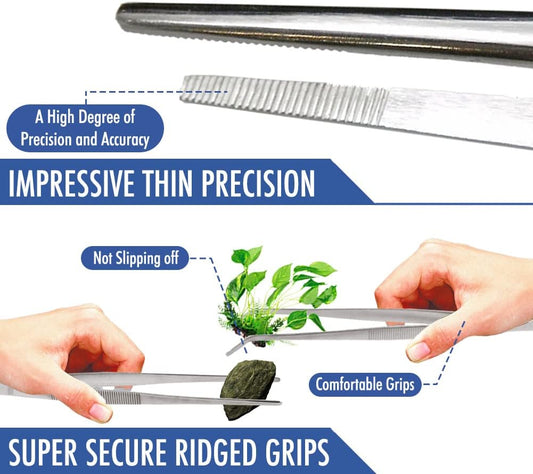 2 Pcs Straight and Curved Tip Tweezers 12 Inch, Stainless Steel Precision Tweezers Set with Serrated Tips Comfortable Ridged Handle, Tweezer Tongs for Cooking Repairing with Essential Tweezer Ebook