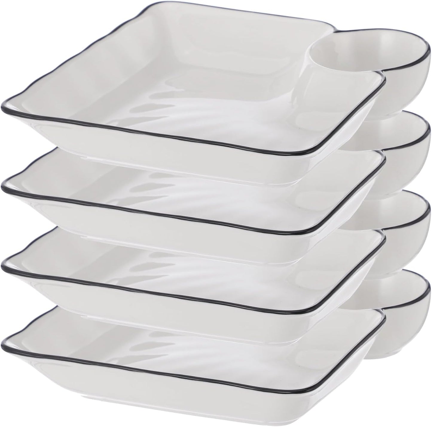 Chip and Dip Serving Platter Set, 4 Pcs Ceramic Divided Platters with Dip Compartment, White Square Appetizer Plates, Snack Serving Dishes for Fries, Sushi, Taco