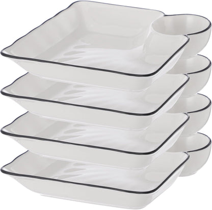 Chip and Dip Serving Platter Set, 4 Pcs Ceramic Divided Platters with Dip Compartment, White Square Appetizer Plates, Snack Serving Dishes for Fries, Sushi, Taco