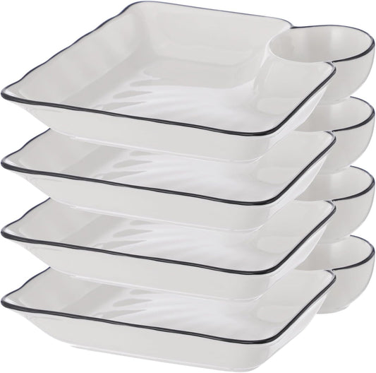 Chip and Dip Serving Platter Set, 4 Pcs Ceramic Divided Platters with Dip Compartment, White Square Appetizer Plates, Snack Serving Dishes for Fries, Sushi, Taco