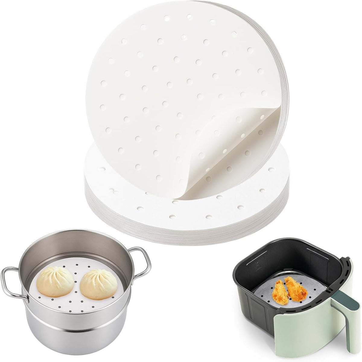 Non-Stick Bamboo Steamer Paper, 10" Round Liners with Holes for Steamer Basket, Air Fryer, Bamboo Steamers, and Oven Use