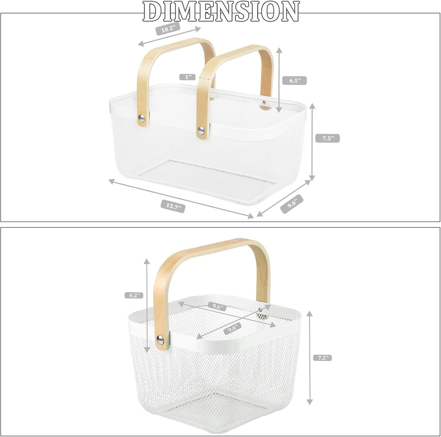 Coloful Metal Mesh Wire Basket with Foldable Wooden Handle,Bin Garden Fruit Vegetable Storage Hanging Harvest Holder for Kitchen Bathroom Picnic (Yellowish Green, Cuboid-15.7 x 9.5 x 7.2“)