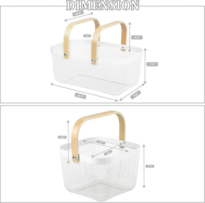 Coloful Metal Mesh Wire Basket with Foldable Wooden Handle,Bin Garden Fruit Vegetable Storage Hanging Harvest Holder for Kitchen Bathroom Picnic (Yellowish Green, Cuboid-15.7 x 9.5 x 7.2“)