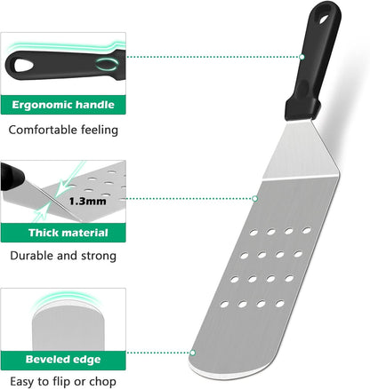 Metal Spatula Set, HaSteeL Stainless Steel Griddle Spatula Tools Kit with Wooden Handle, Heavy Duty Long Pancake Flipper Burger Turner for BBQ Teppanyaki Flat Top Grilling Cooking Outdoor & Indoor