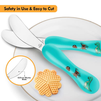 Lehoo Castle 6 Pieces Toddler Utensils, Kids Silverware for 2 3 4 Years Old, Stainless Steel Fork and Spoon Set with Plastic Handle, Safe Toddler Cutlery (Dinosaur)