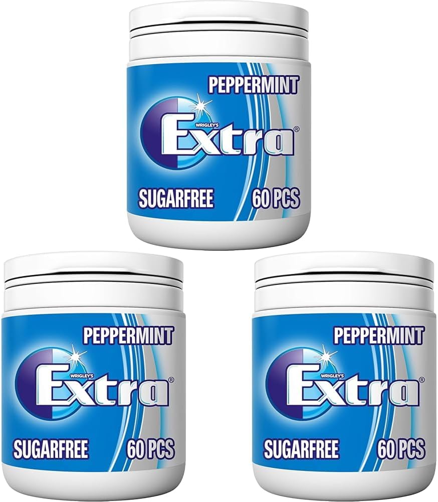 Extra White Chewing Gum Bottle, Sugar Free, Peppermint Flavour, 1 Bottle of 60 Pieces (Pack of 3)