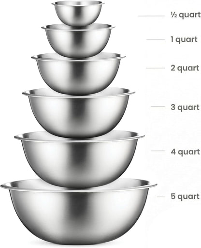 FineDine Stainless Steel Mixing Bowls Set, Dishwasher Safe, 6 Piece Metal Mixing Bowls For Kitchen, Nesting, Large, Small, Big Food Prep, Cooking, Baking
