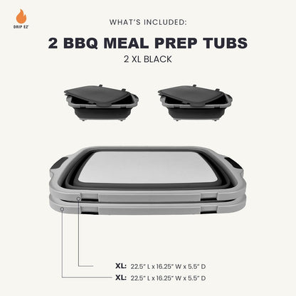 Drip EZ Collapsible BBQ Prep Tubs 2-Piece Set- For Meal Prep Marinating Food Storage - Includes Cutting Board & Lid - (2) XL - Black