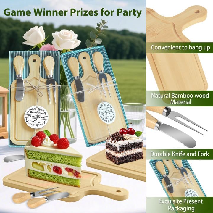 AZEAM 12 Sets Baby Bridal Shower Prizes for Game Winners, Bamboo Mini Cheese Board Set with Knife Fork and Present Box, Small Charcuterie Board Bulk for Party Wedding Guests Present