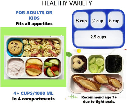 Bento Lunch Box for Kids or Adults, Snack Containers for Boys, Girls, School Daycare Work, 3 Divided Compartments Meal Planning Portion Control, BPA-Free Boxes, Utensils | Blue Purple 2 pack