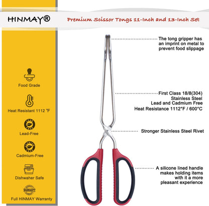 HINMAY Stainless Steel Scissor Tongs 11-Inch and 13-Inch Set, Set of 2
