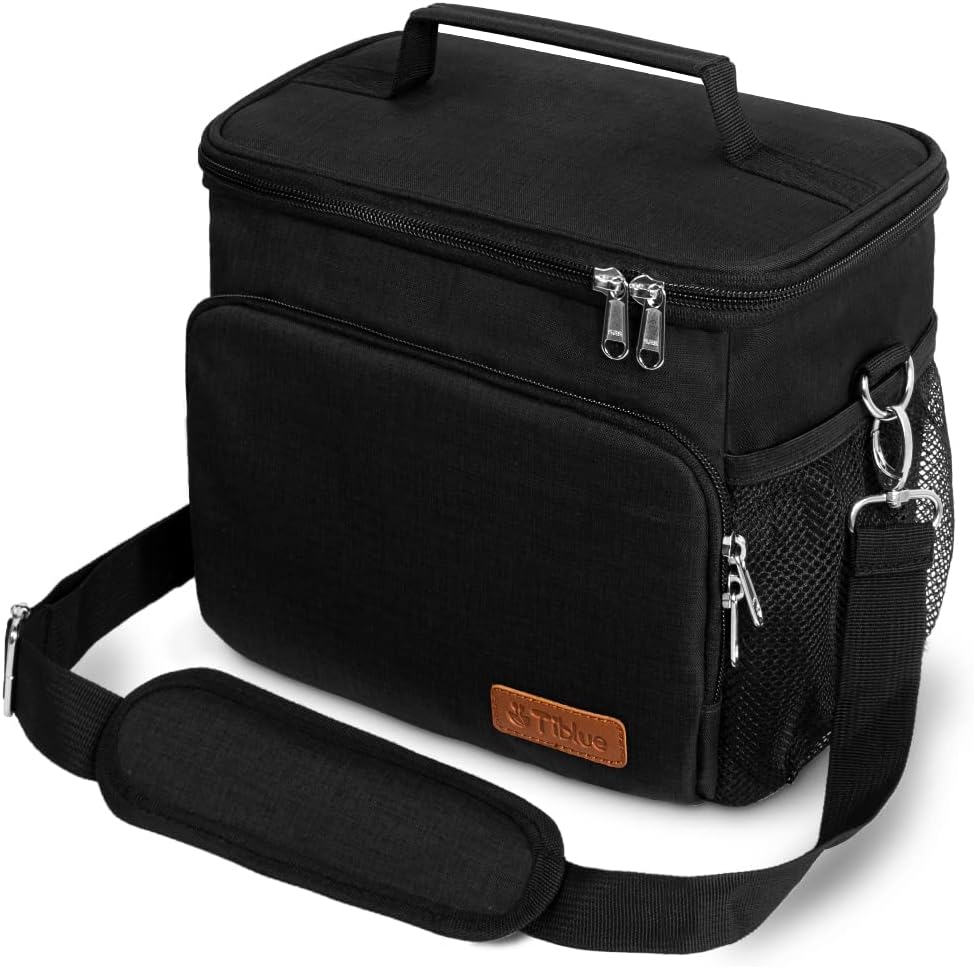 Tiblue Insulated Lunch Bag for Women/Men, Reusable Lunch Box for Office Work School Picnic,Leakproof Freezable Cooler Bag with Adjustable Shoulder Strap for Kid/Adult(Medium, Black & White Stripes)
