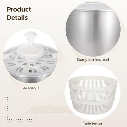 Stainless Steel Salad Spinner 5 L, 360° Quick Spin Function, BPA-Free Lid, Anti-Slip Base, Removable Design for Fruits, Vegetables, Pasta, and More
