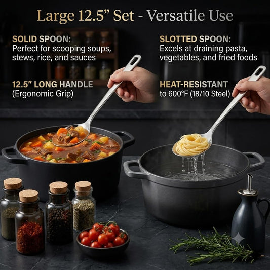 Large Cooking Spoon Set, 12.5-inch Stainless Steel Solid & Slotted Spoons, Heavy Duty Metal Spoon for Mixing, Serving, Stiring Kitchen Utensils.